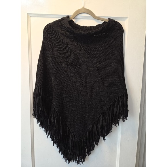 August Silk Knits Sweaters - Women's August Silk Knits Fringed Black Poncho Sweater-One Size